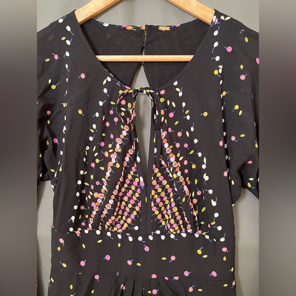 Free People S Black Multi Color Polka Dot Bishop Sleeve Open Back Mini Dress - Picture 9 of 10